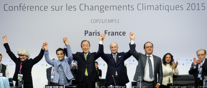 UNFCCC delegates celebrate historic adoption of Paris Agreement. Image: UNclimatechange, Creative Commons licence