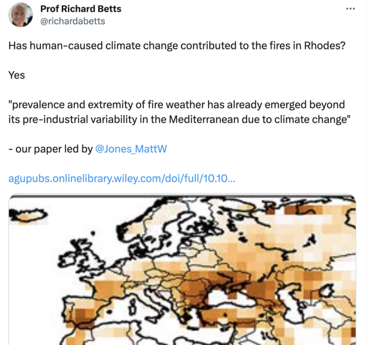 Tweet from Professor Richard Betts, UK Met Office and Exeter University