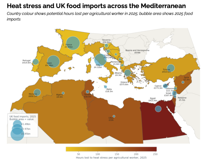 Country colour shows potential hours lost per agricultural worker in 2025; bubble area shows 2025 food imports