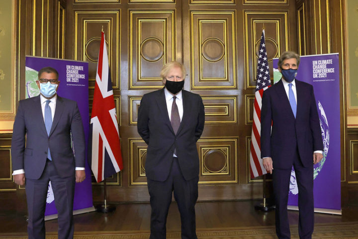 Alok Sharma, Boris Johnson & John Kerry, March 2021 (Picture by Pippa Fowles / No 10 Downing Street)