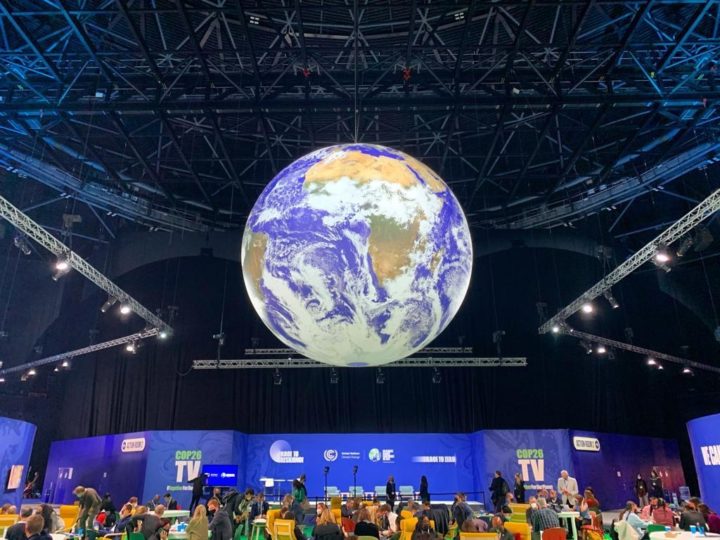 A hanging globe features in the Action Zone at COP26.