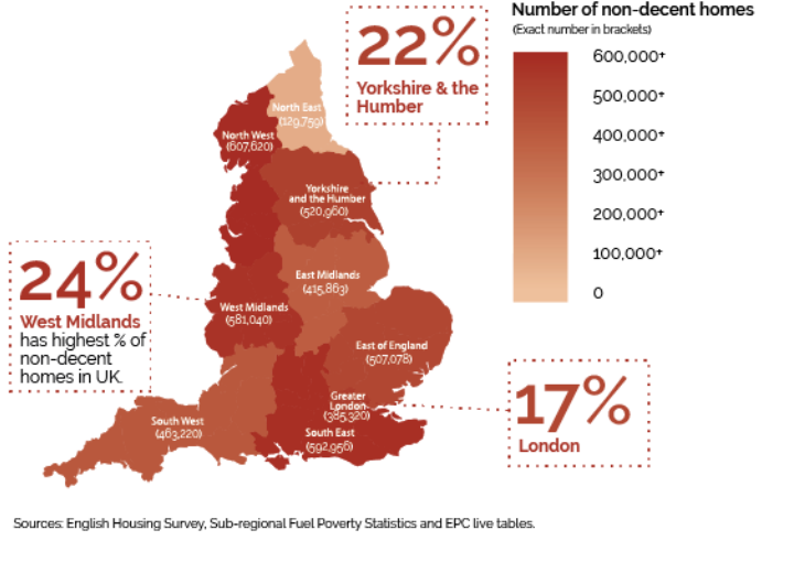 Non-decent homes across UK regions map