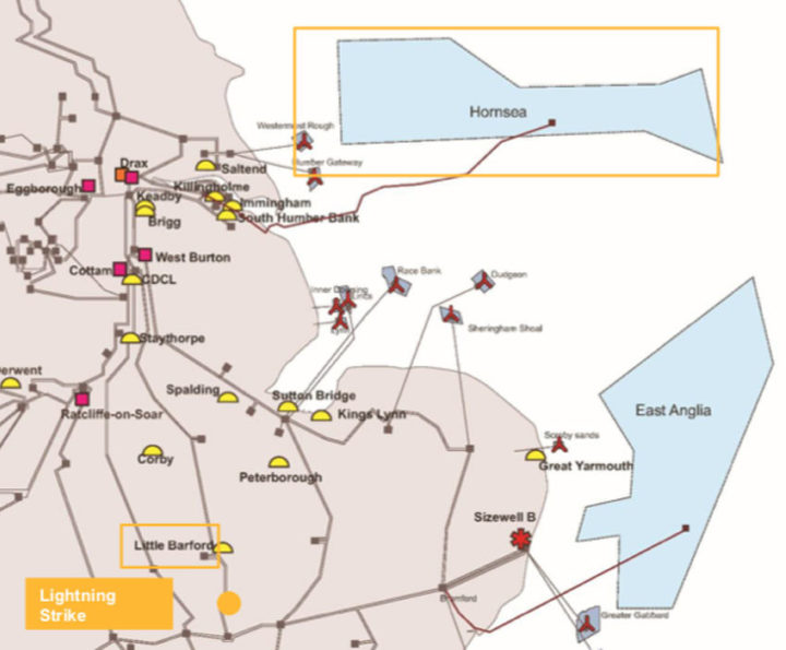 Lightning struck the grid close to Little Barton, but a long way from Hornsea. Image: National Grid