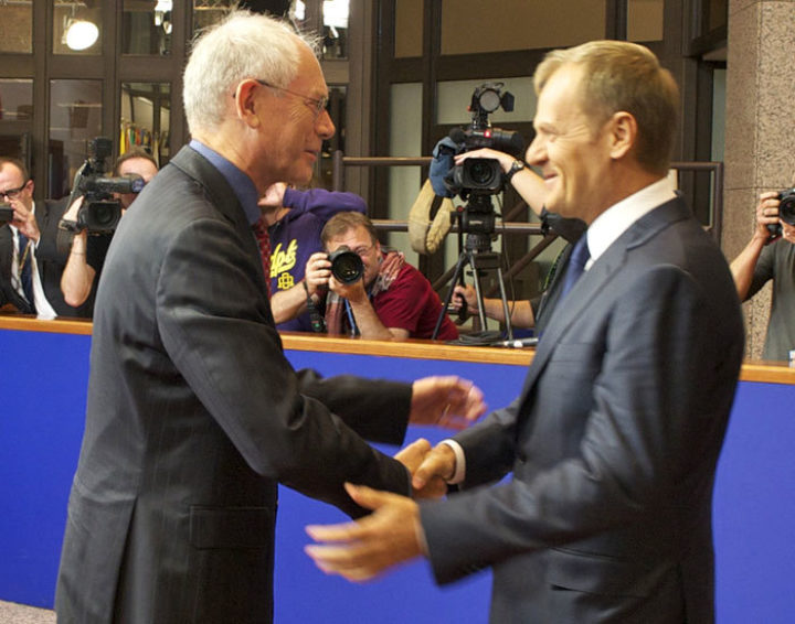 Herman von Rompuy hands the President's baton to Donald Tusk on 1 December. Image: EU Presidency, Creative Commonslicence